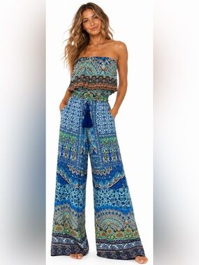 Shahida Parides‎ silk viscose strapless jumpsuit blue green pattern bohemian S/M